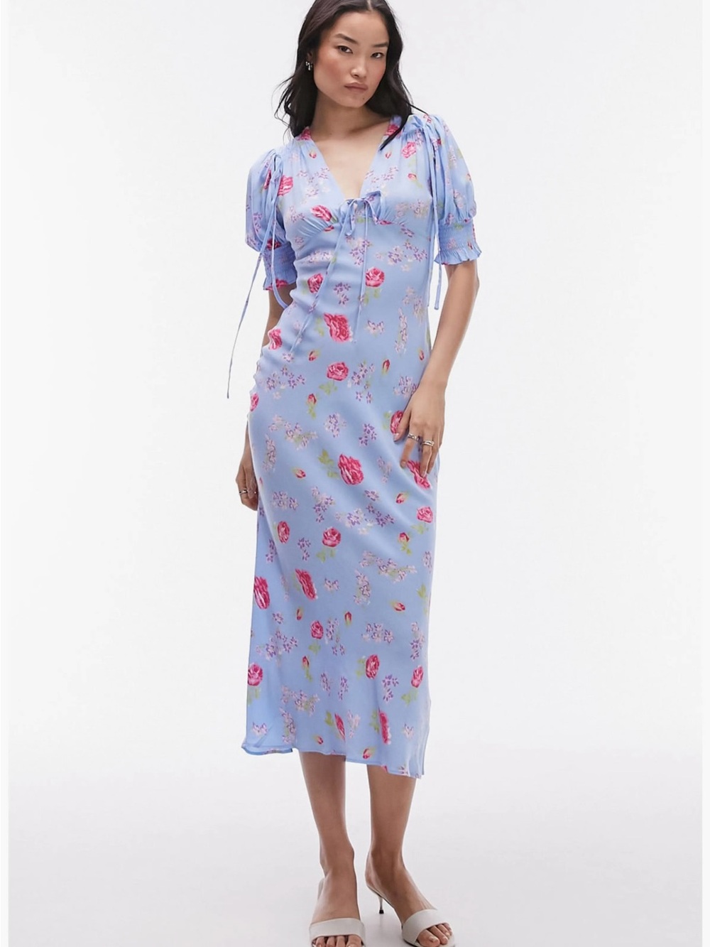 TopShop Blue Floral V-Neck Puff Short Sleeve Midi Dress Size 12 US